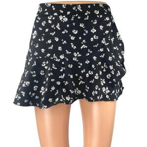 Zara Women's Black Floral Ruffle Faux Wrap Zipper Mini A-Line Flared Skirt Sz XS